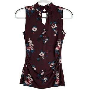 Dark Romance Cottagecore Grunge Burgundy Floral Stretch Ruched Sleeveless Top‎